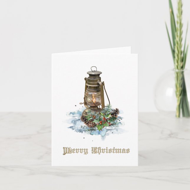 Rustic Lantern with Christmas Greeting Card (Front)