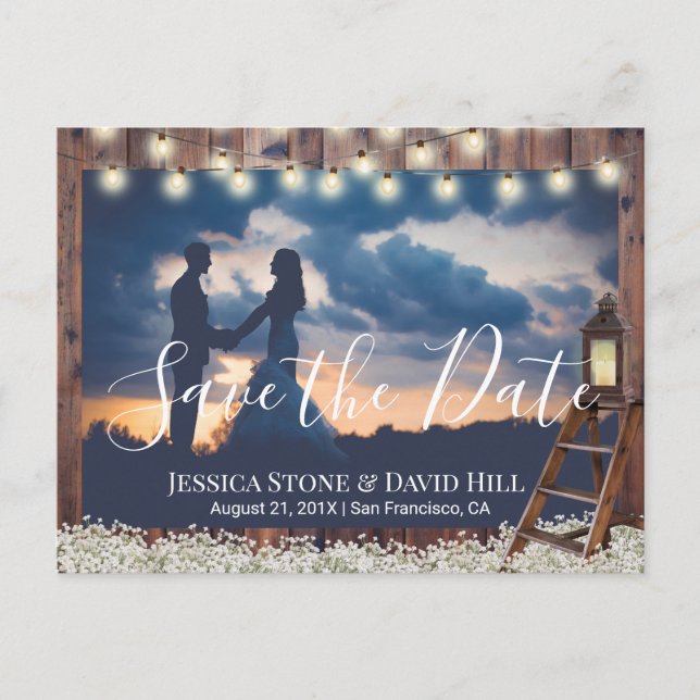 Rustic Lantern Wooden Ladder Wedding Save the Date Announcement Postcard (Front)