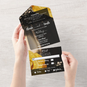 Rustic Lantern & Yellow Roses Wedding + RSVP All In One Invitation