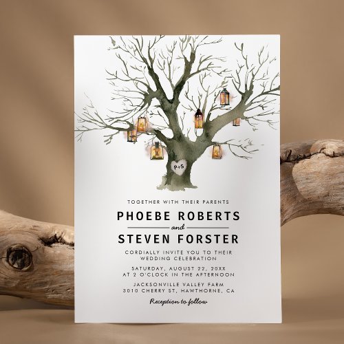 Rustic Lanterns Carved Oak Tree Wedding Invitation