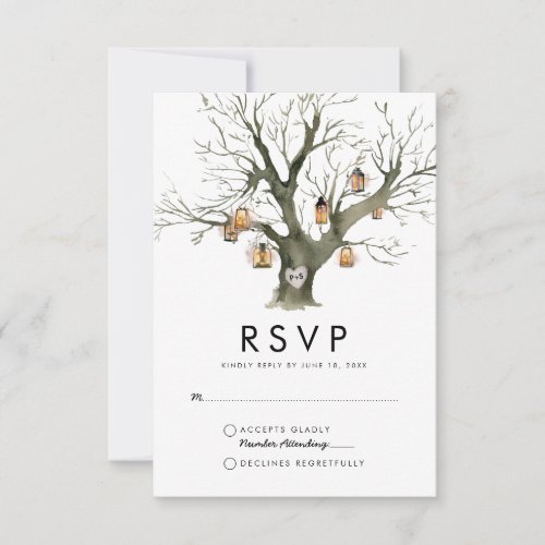 Rustic Lanterns Carved Oak Tree Wedding RSVP