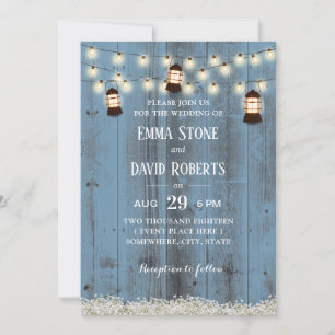 Rustic Lanterns Country Floral Dusty Blue Wedding Invitation