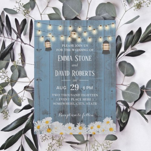 Rustic Lanterns  Daisy Flowers Dusty Blue Wedding Invitation