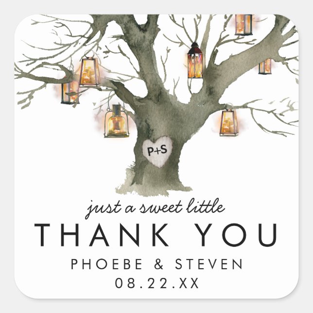 Rustic Lanterns Oak Tree Sweet Wedding Favor Square Sticker (Front)