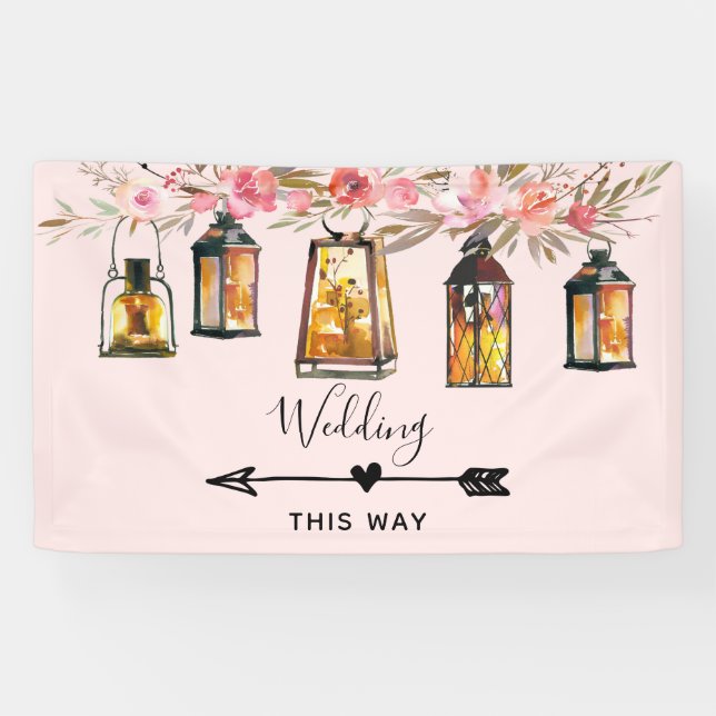 Rustic  Lanterns Rose Gold Wedding Directional Banner (Horizontal)
