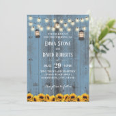 Rustic Lanterns & Sunflowers Dusty Blue Wedding Invitation (Standing Front)