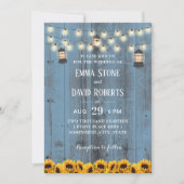 Rustic Lanterns & Sunflowers Dusty Blue Wedding Invitation (Front)