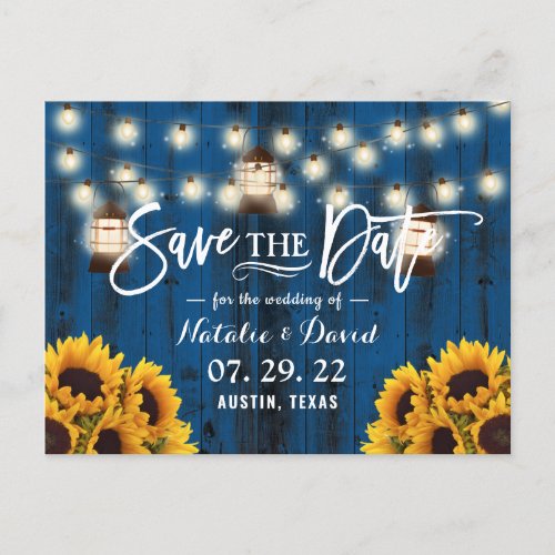 Rustic Lanterns  Sunflowers Navy Save the Date Announcement Postcard