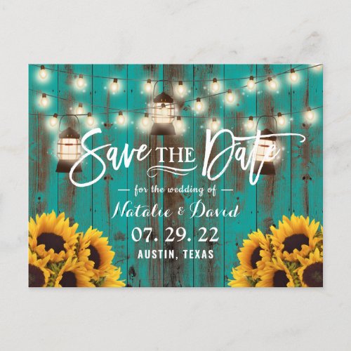 Rustic Lanterns  Sunflowers Teal Save the Date Announcement Postcard