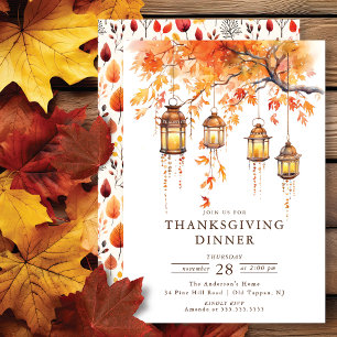 Rustic Lanters & Autumn Leaves Thanksgiving Invitation
