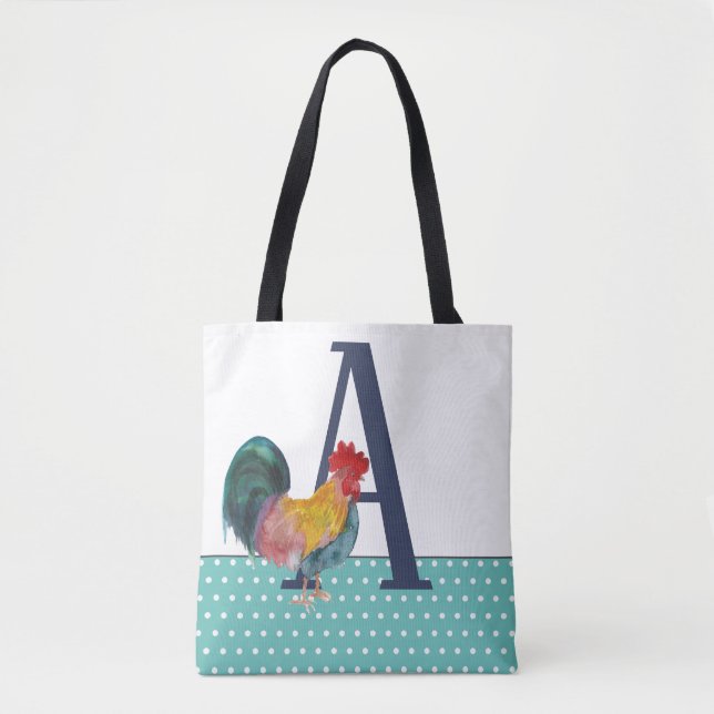 Rustic Large Monogram Rooster Teal Polka Dots Tote Bag (Front)