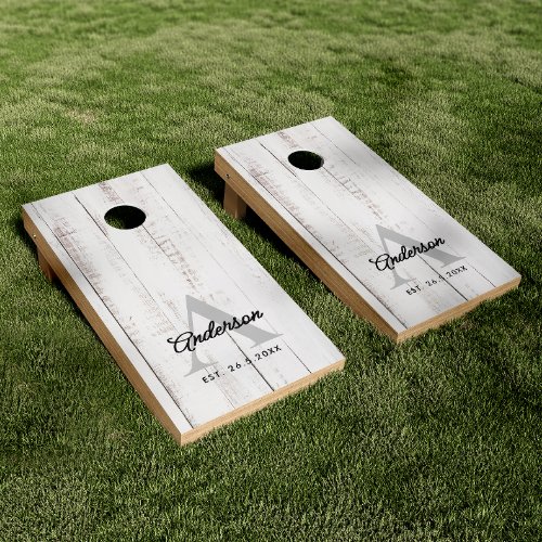 Rustic Last Name White Distressed Wood Wedding Cornhole Set