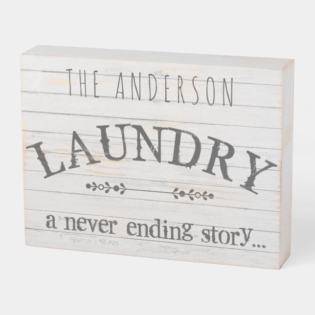 Rustic Laundry Room Custom Name Never Ending Story Wooden Box Sign (Angled Horizontal)