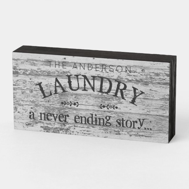 Rustic Laundry Room Custom Name Never Ending Story Wooden Box Sign (Angled Horizontal)