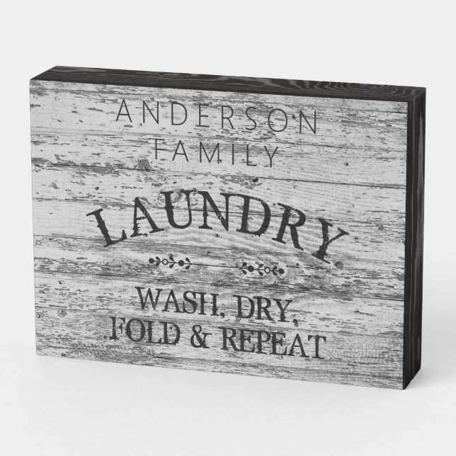Rustic Laundry Room Personalized Wash Dry Fold Woo Wooden Box Sign (Angled Horizontal)
