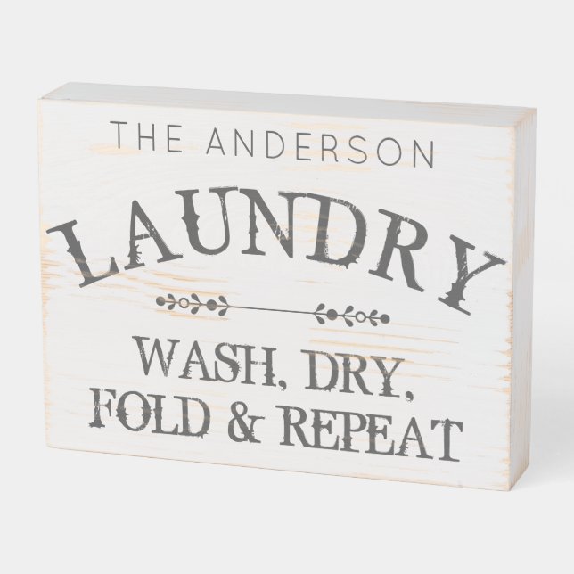 Rustic Laundry Room Personalized Wash Dry Fold Wooden Box Sign (Angled Horizontal)