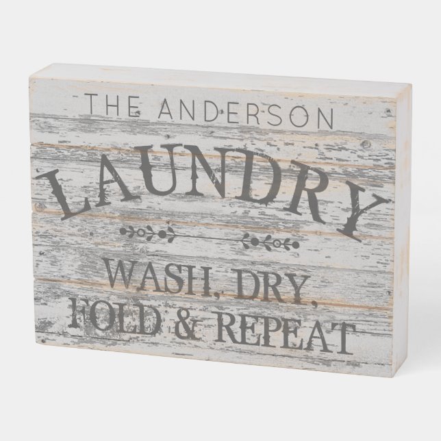 Rustic Laundry Room Personalized Wash Dry Fold Wooden Box Sign (Angled Horizontal)