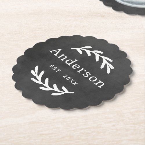 Rustic Laurel Branch Wreath Last Name Monogram Paper Coaster