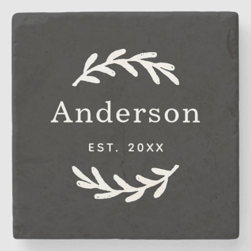 Rustic Laurel Branch Wreath Last Name Monogram Stone Coaster