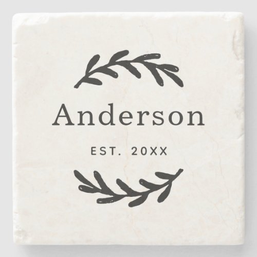 Rustic Laurel Branch Wreath Last Name Monogram Stone Coaster