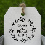 Rustic Laurel Country Wreath | Wedding Rubber Stamp<br><div class="desc">A perfect addition to use for your Wedding whether it's for your Save the Date Envelopes, Bridal Shower or wedding day favor bags or tags. Hand drawing of a laurels, leaves, flowers and twigs with a country rustic look. Customize the bride and groom's name with the date. For inquiries about...</div>