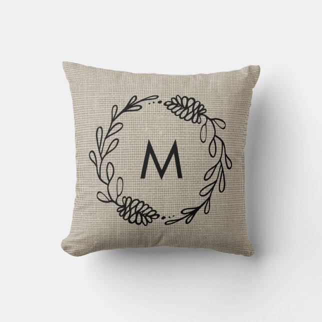 Rustic Laurel Farmhouse Pinecone Monogrammed Throw Pillow (Front)