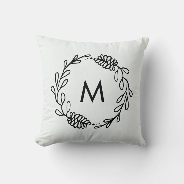 Rustic Laurel Farmhouse Pinecone Monogrammed Throw Pillow (Front)