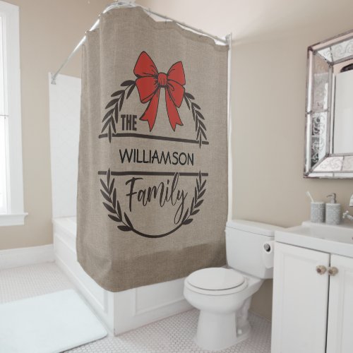 Rustic Laurel Holiday Wreath Family Name  Shower Curtain