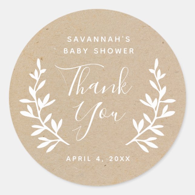 Rustic laurel Kraft baby shower thank you Classic Round Sticker (Front)