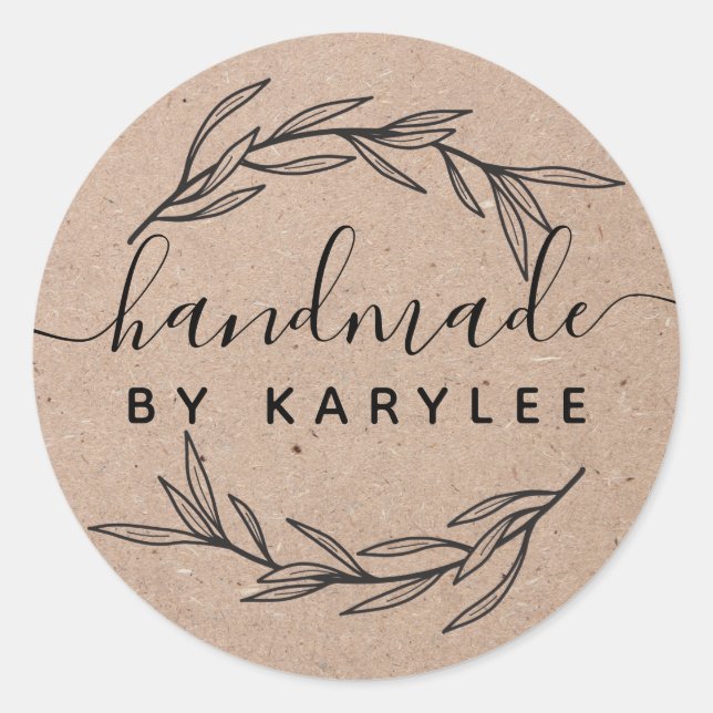 Rustic Laurel Leaf Handmade Script Classic Round Sticker (Front)