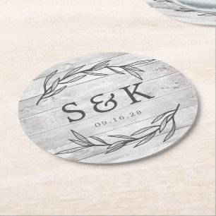 Rustic Laurel Leaf Monogram Wedding Round Paper Coaster