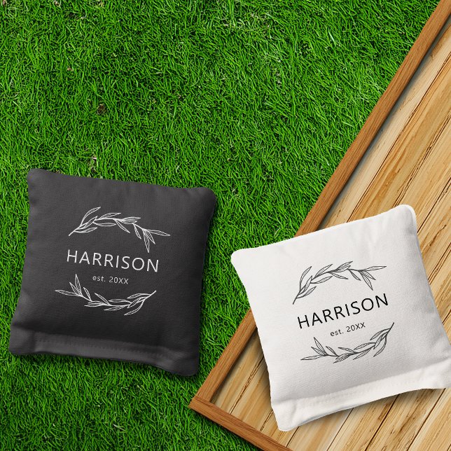 Rustic Laurel Leaf Simple Personalized Cornhole Bags (Laurel Leaf Monogram Wedding Custom Cornhole Bags)