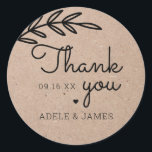 Rustic Laurel Leaf Thank You Wedding Classic Round Sticker<br><div class="desc">Rustic kraft paper with laurel leaf script thank you for weddings or special occasions sticker.</div>