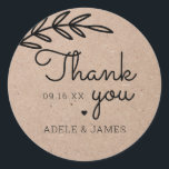 Rustic Laurel Leaf Thank You Wedding Classic Round Sticker<br><div class="desc">Rustic kraft paper with laurel leaf script thank you for weddings or special occasions sticker.</div>