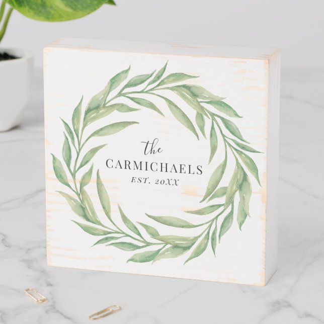 Rustic Laurel Leaf Wreath with Family Name Wooden Box Sign (In Situ Horizontal)