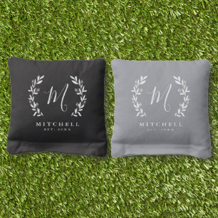 Rustic Laurel Script Family Monogram Cornhole Bags