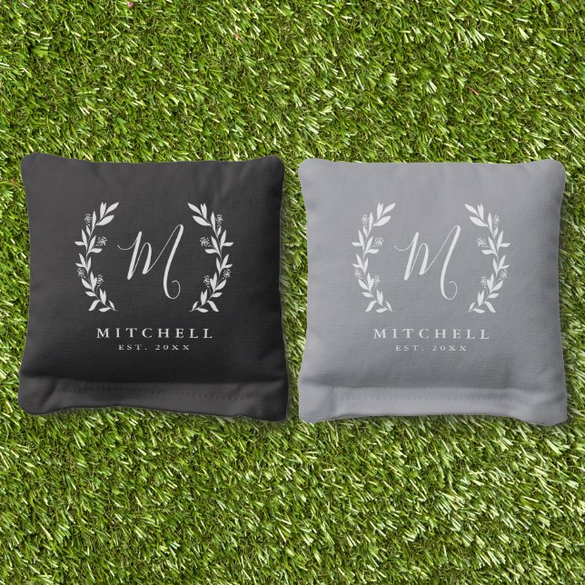 Rustic Laurel Script Family Monogram Cornhole Bags (Grass)
