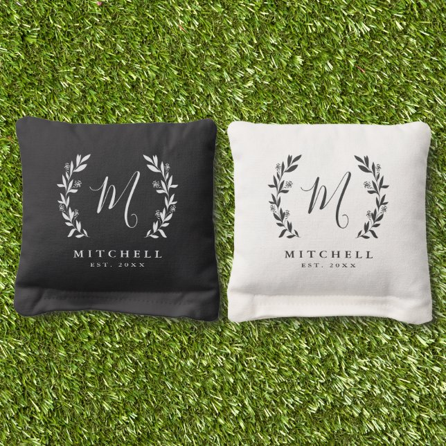 Rustic Laurel Script Family Monogram Cornhole Bags (Grass)