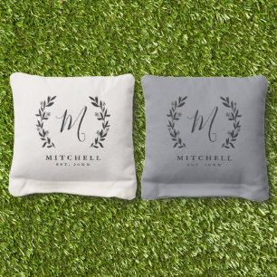 Rustic Laurel Script Family Monogram Cornhole Bags