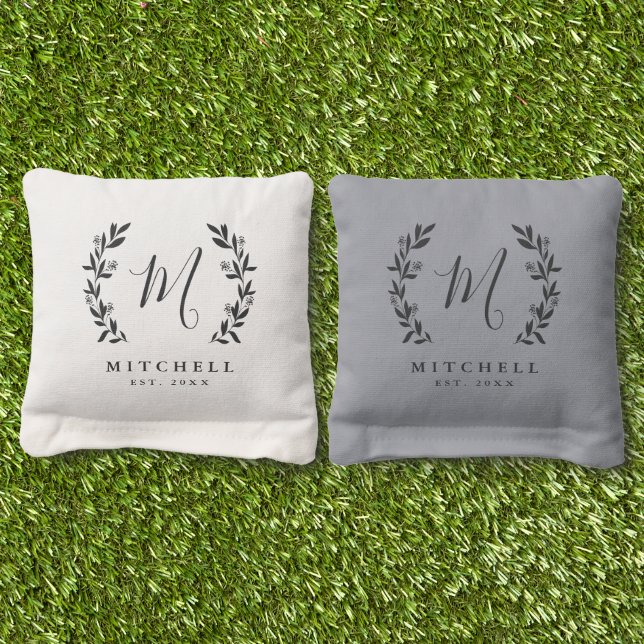 Rustic Laurel Script Family Monogram Cornhole Bags (Grass)