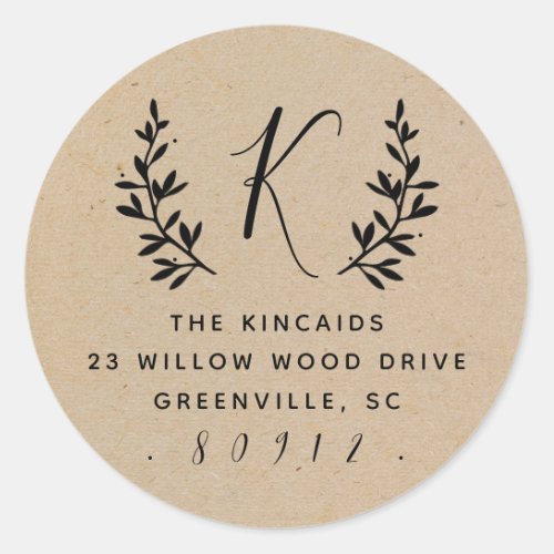 Rustic laurel script monogram return address classic round sticker