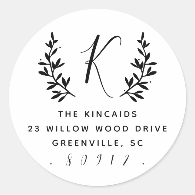 Rustic laurel script monogram return address classic round sticker (Front)