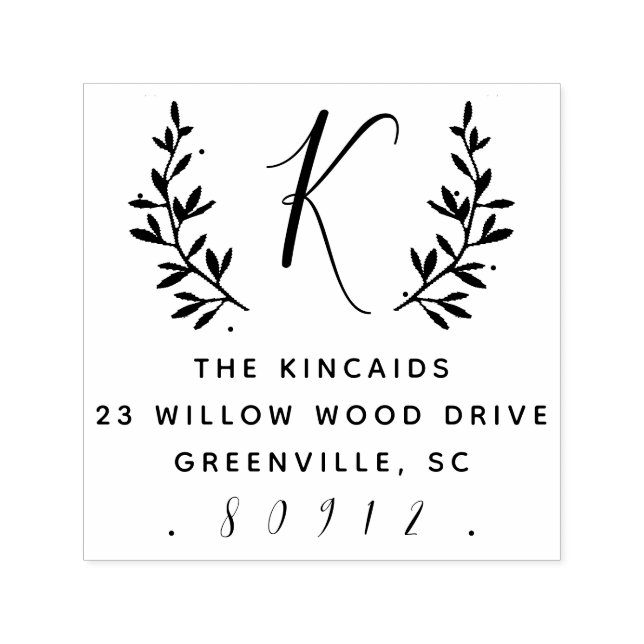 Rustic laurel script monogram return address self-inking stamp (Design)