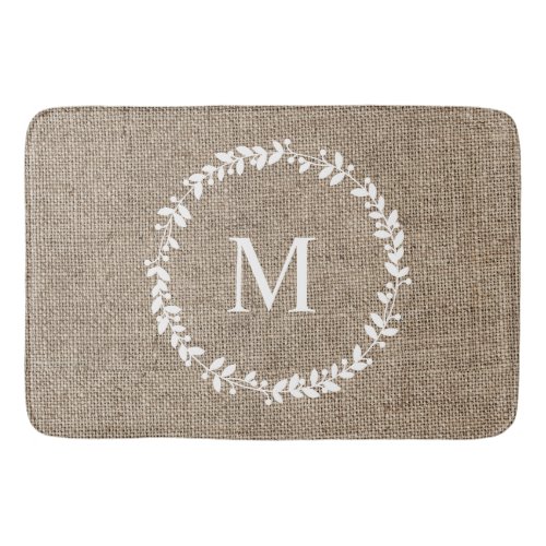 Rustic Laurel Wreath Burlap Farmhouse Monogrammed  Bath Mat