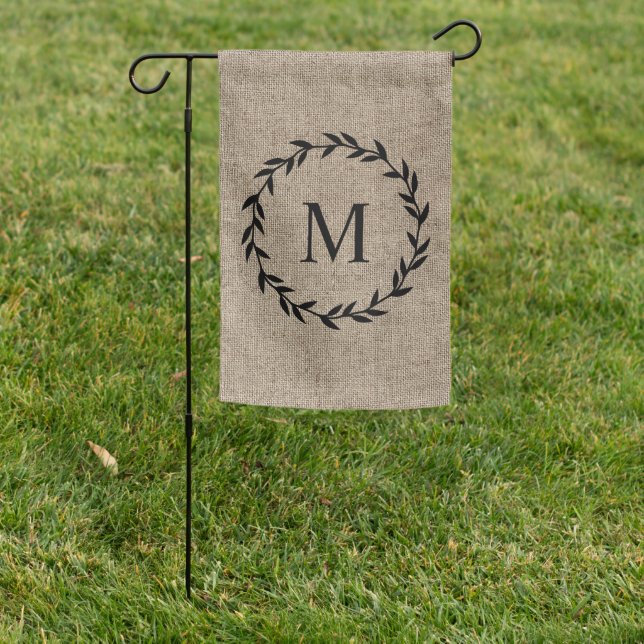 Rustic Laurel Wreath Burlap Monogram Farmhouse Garden Flag (In SItu)