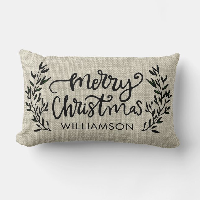 Rustic Laurel Wreath Christmas Name Lumbar Pillow (Front)