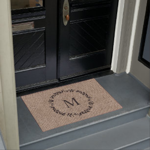 Rustic Laurel Wreath Farmhouse Burlap Monogrammed Doormat