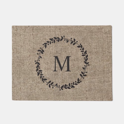 Rustic Laurel Wreath Farmhouse Burlap Monogrammed  Doormat