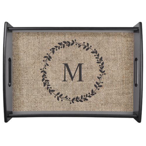 Rustic Laurel Wreath Farmhouse Burlap Monogrammed  Serving Tray