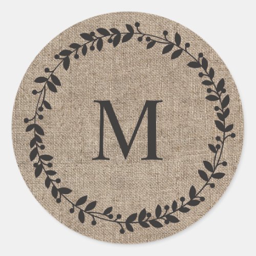 Rustic Laurel Wreath Farmhouse Style Monogrammed  Classic Round Sticker